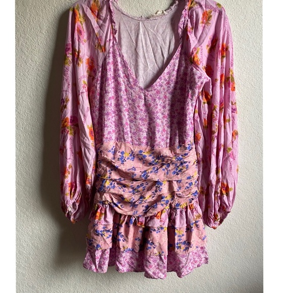 For Love Bell Long Sleeve Floral Dress Layered Ruffle V Neck Boho Cottage Mini S - Picture 2 of 15